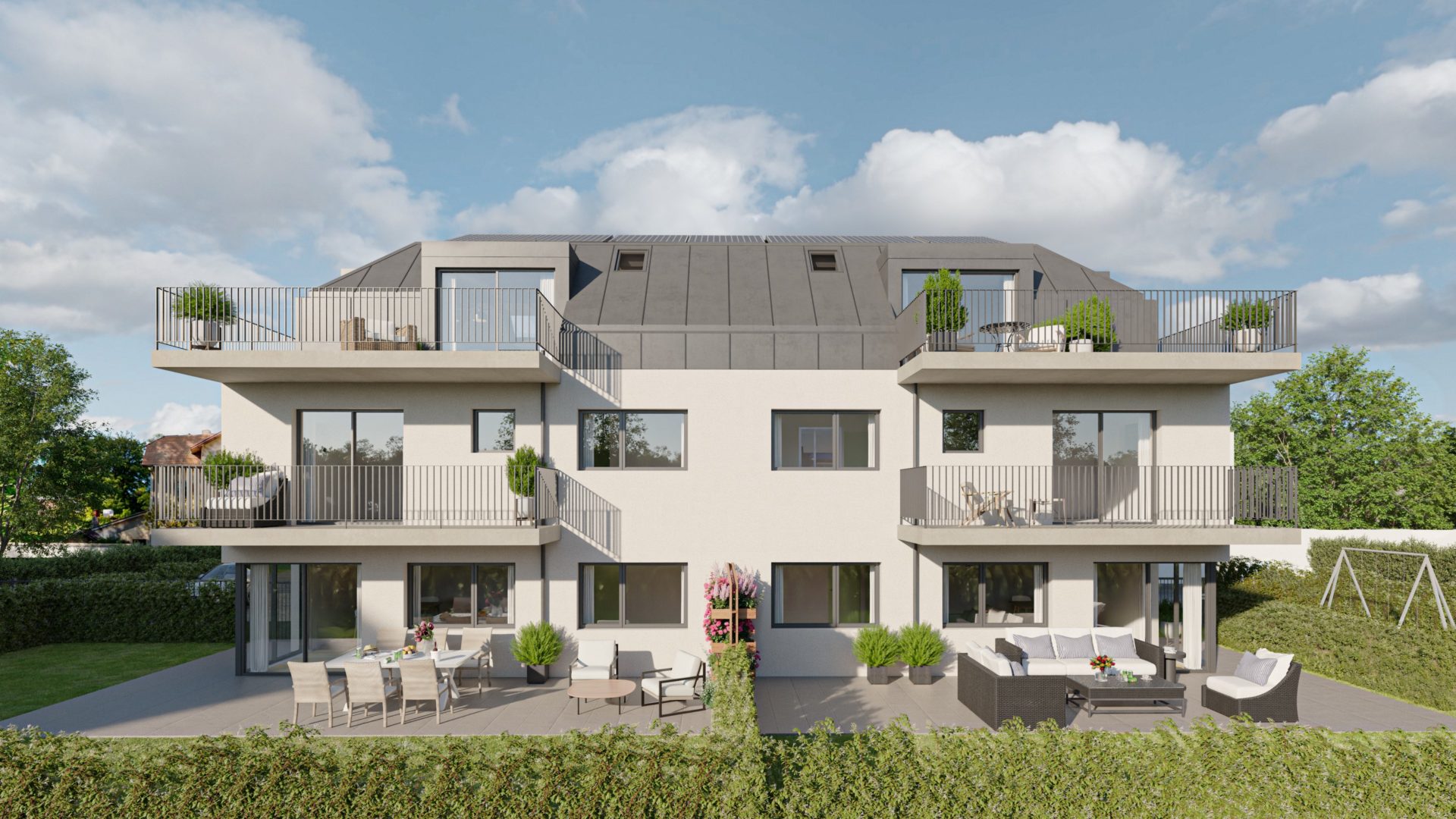 Moderne Mehrfamilienhaus-Ansicht mit Dachterrassen