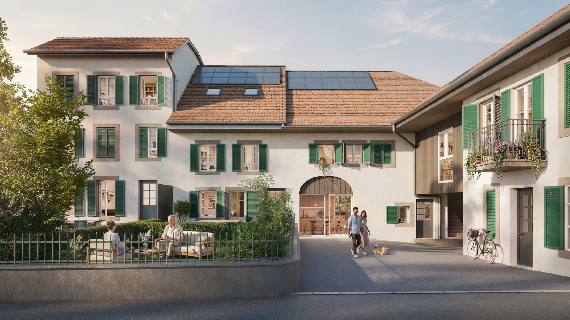 Innenhof eines renovierten Wohnensembles mit mediterranem Charakter