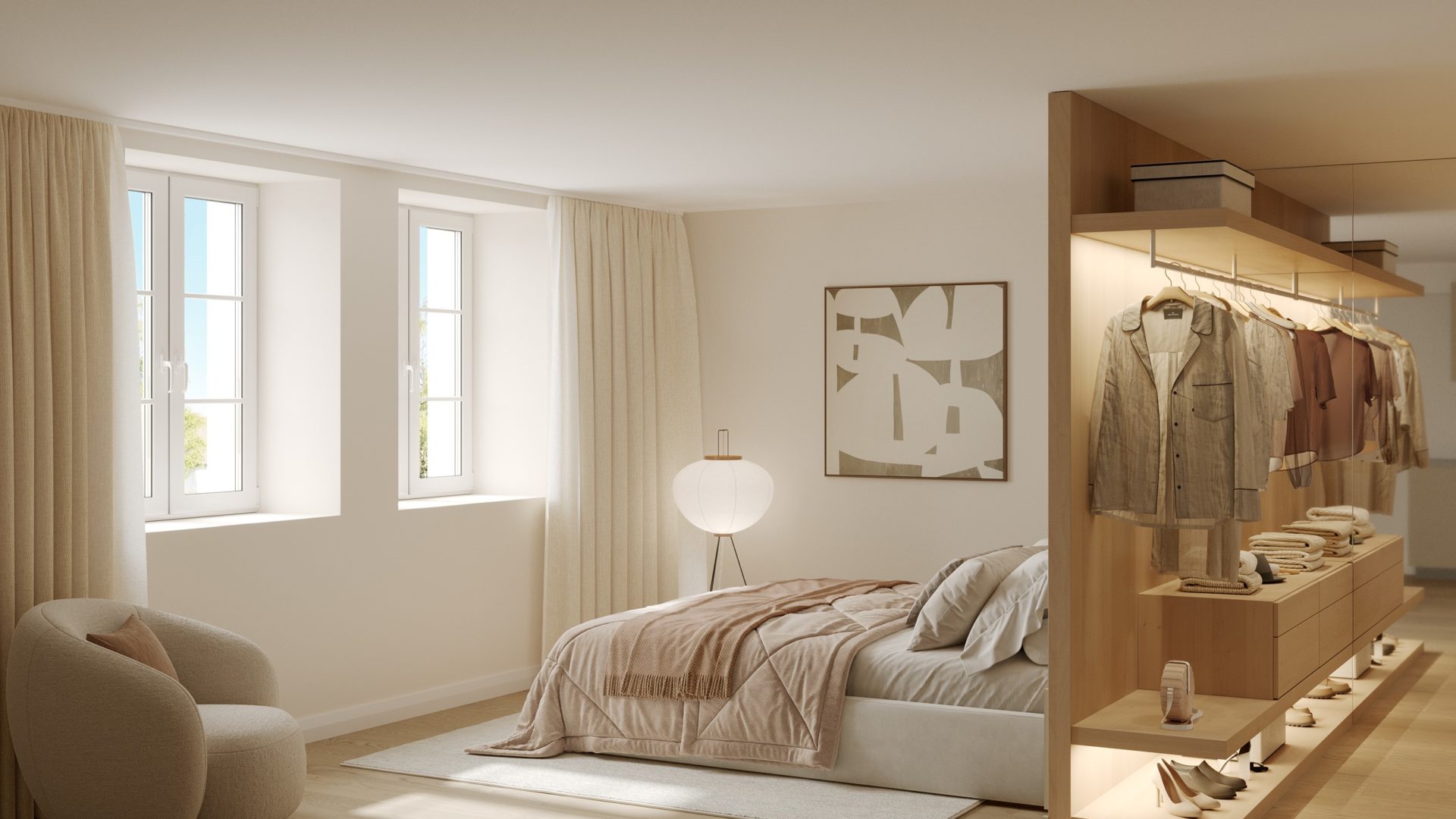 Helles Ankleidezimmer mit Schlafzimmerbereich