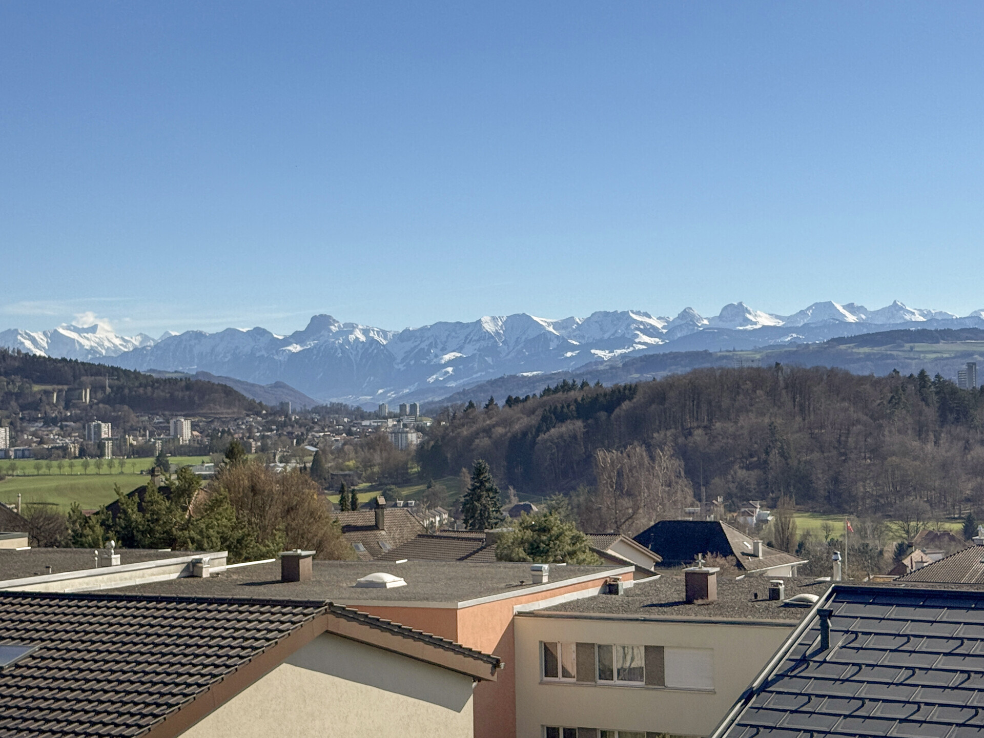 Bergpanorama über Wohngebiet