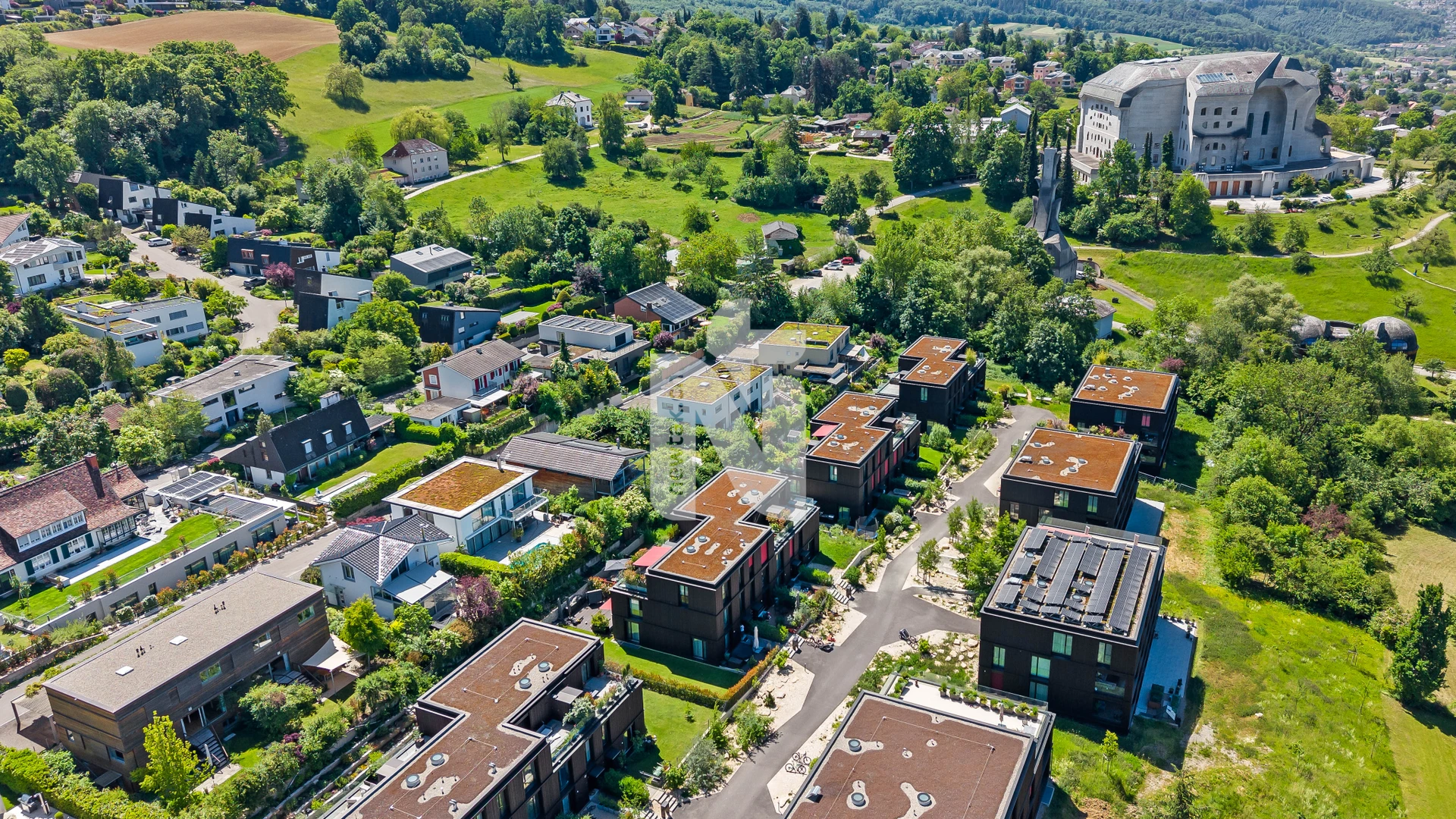 Luftaufnahme einer grünen Wohnsiedlung