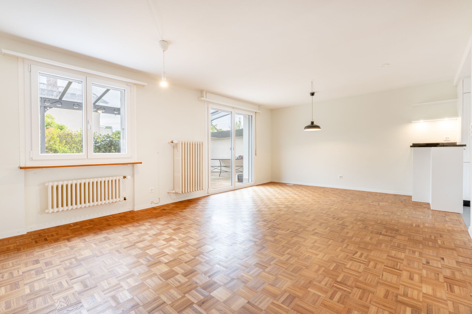 Heller, leerer Wohnraum mit Parkett und Terrasse
