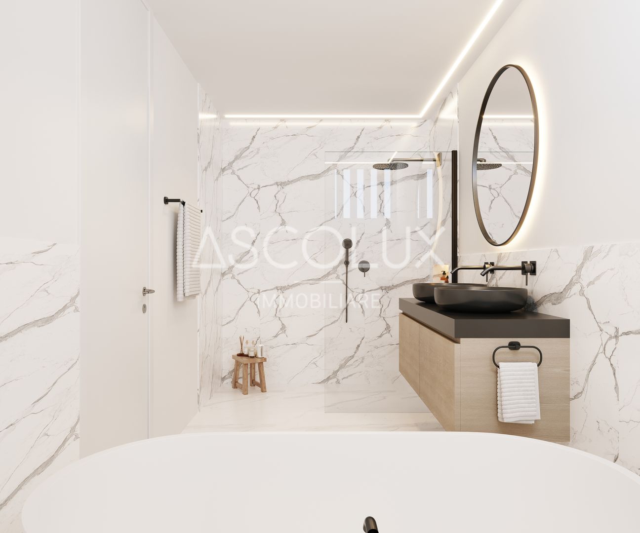 Modernes Badezimmer mit freistehender Wanne und Doppelwaschbecken