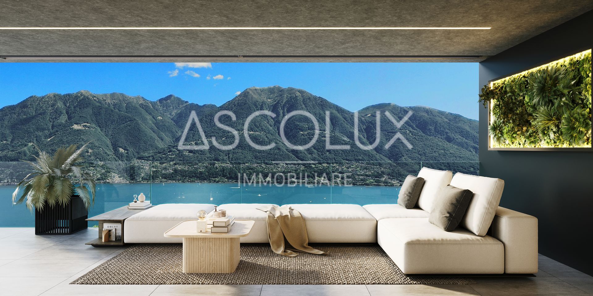 Luxuriöse Lounge mit Panoramablick auf See und Berge