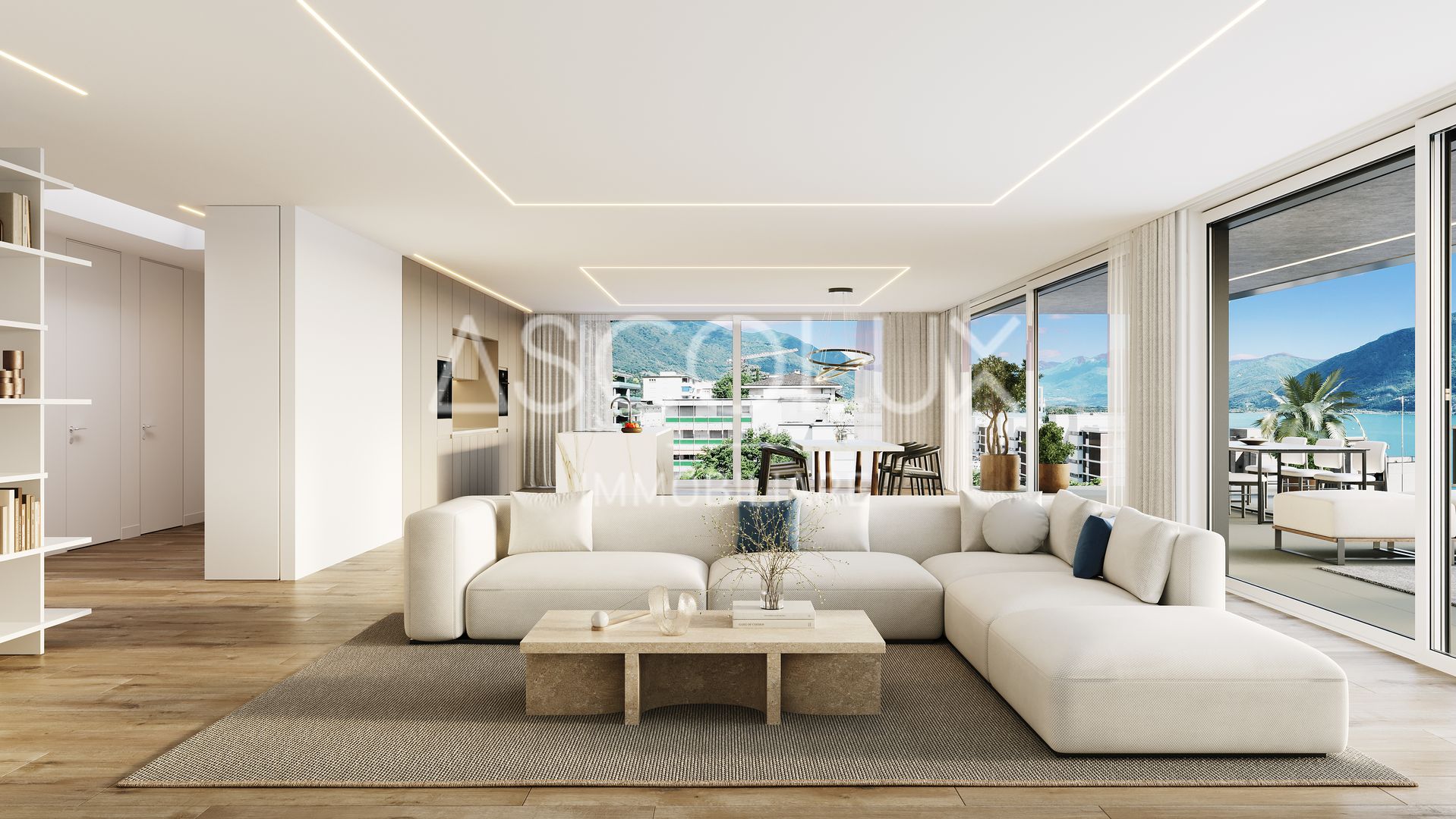 Helles, modernes Wohnzimmer mit Panoramablick