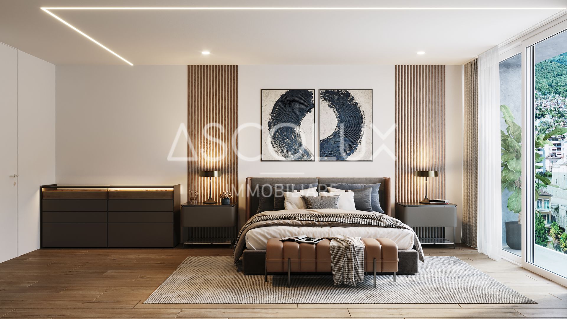 Modernes Schlafzimmer mit Panoramaausblick