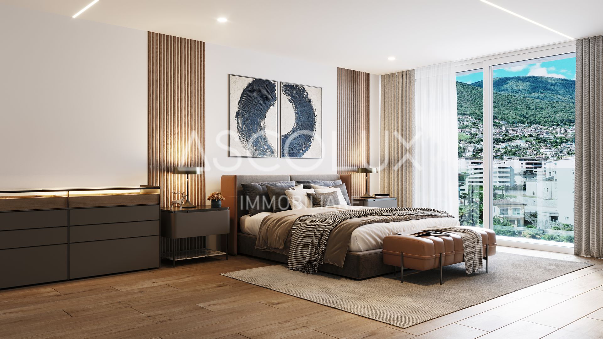Modernes Schlafzimmer mit Panoramafenster