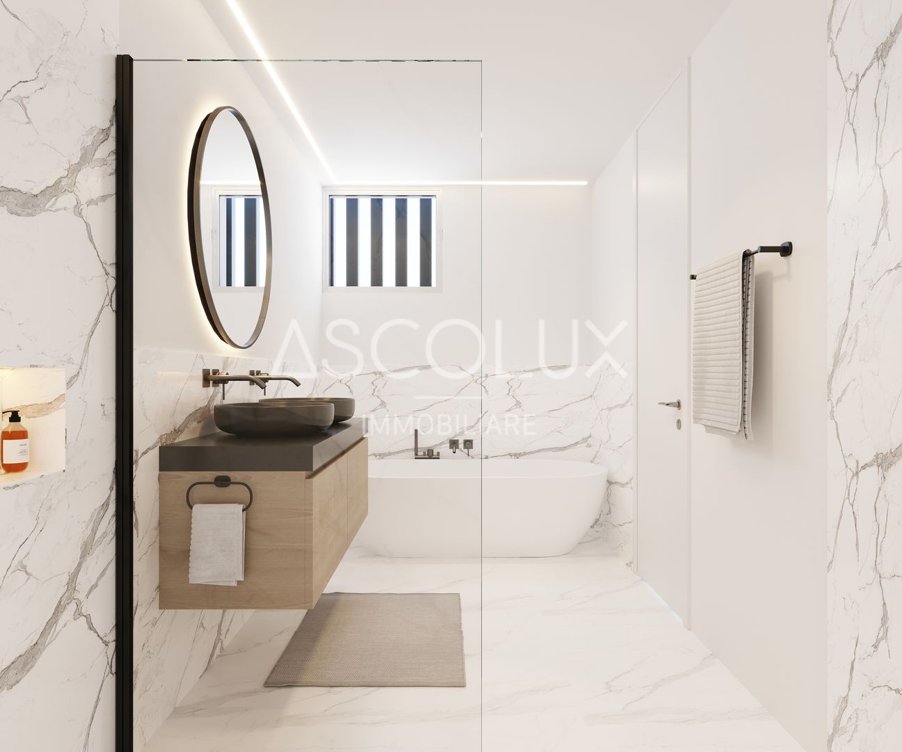 Modernes Badezimmer mit Badewanne und Doppelwaschbecken