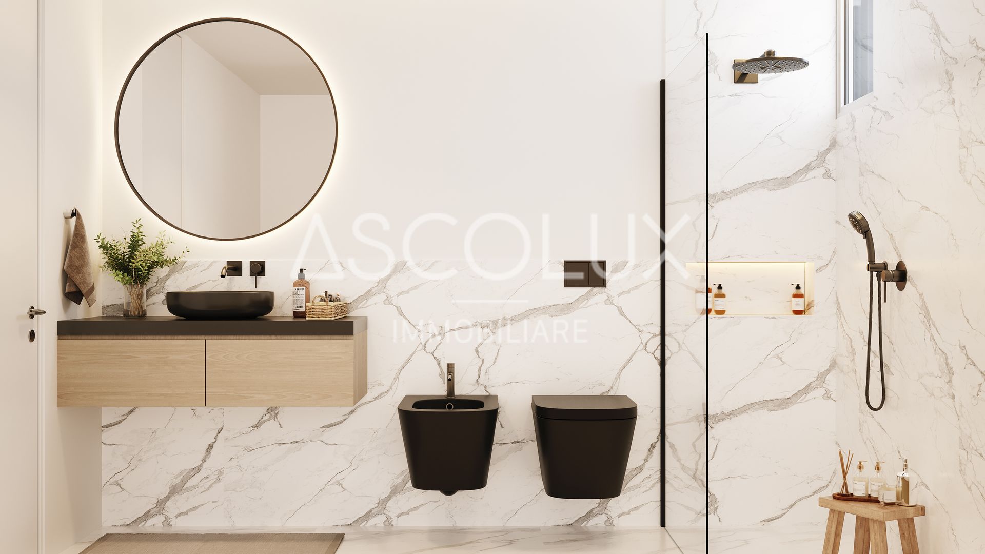 Modernes Badezimmer mit Walk-in-Dusche und Doppel-WC