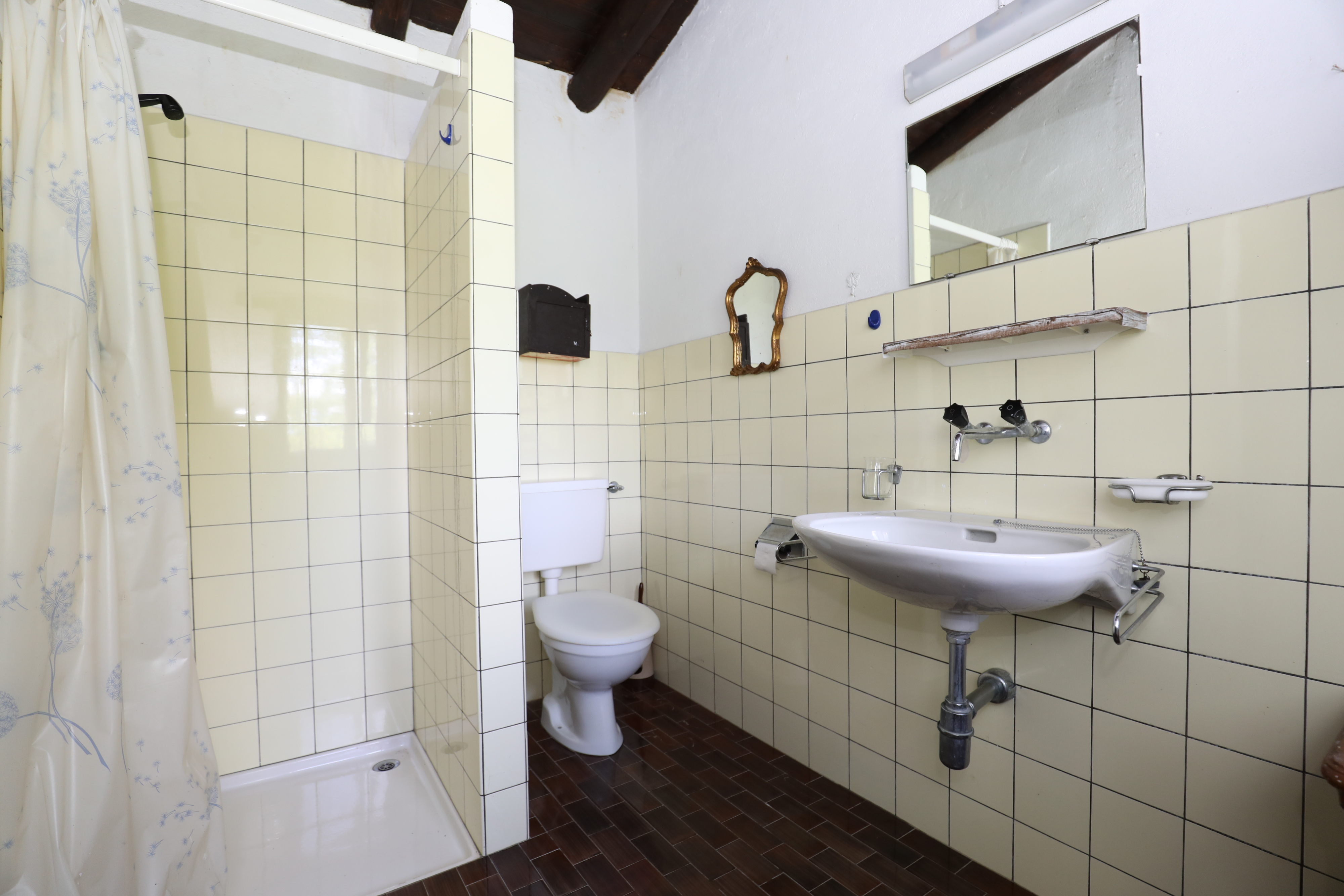 Einfaches Badezimmer mit Dusche und WC