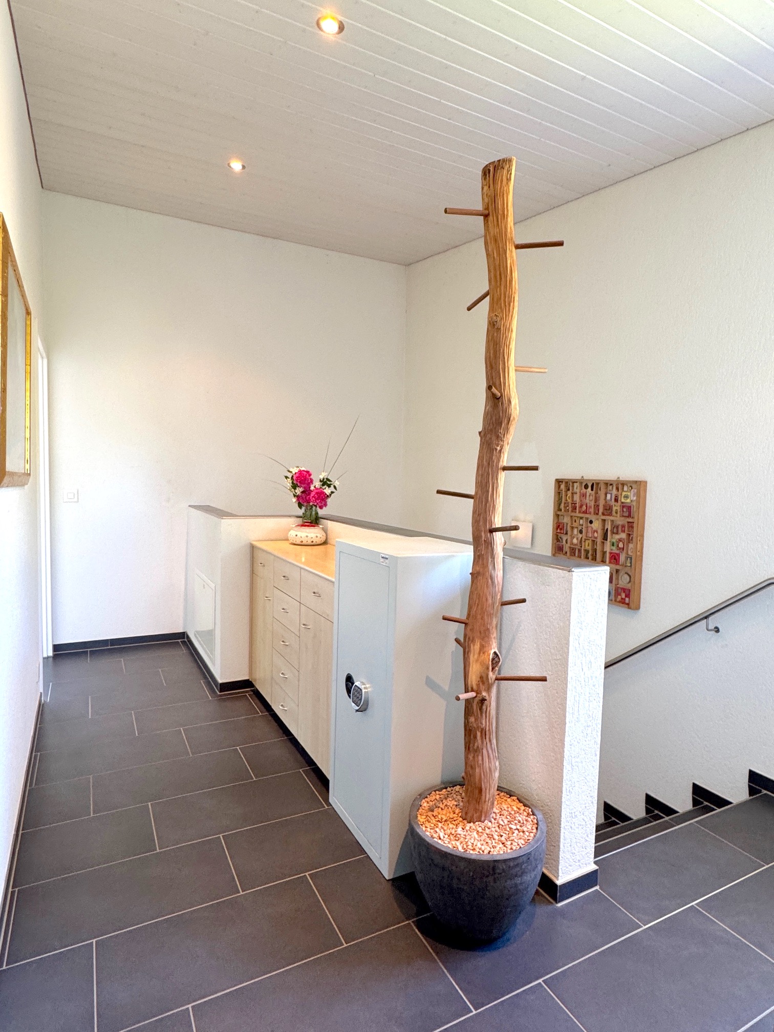 Heller Flur mit Treppenabgang und dekorativem Holzbaum