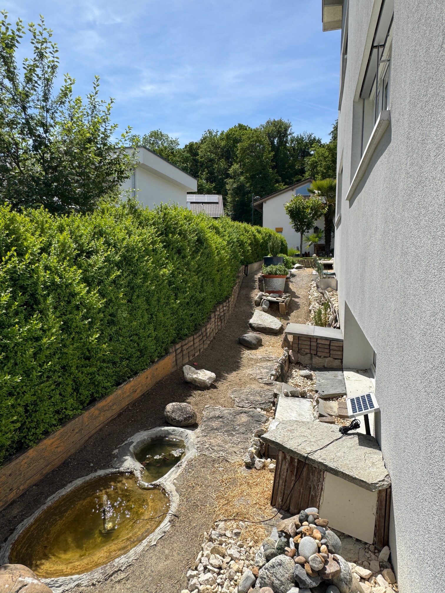 Garten- und Seitenansicht eines Hauses mit schmalem Außenweg