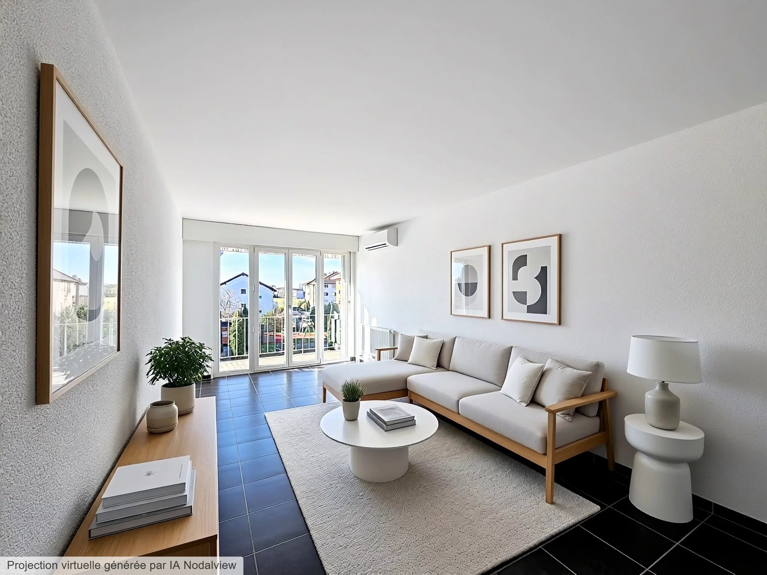 Helles, modern eingerichtetes Wohnzimmer mit Balkonblick