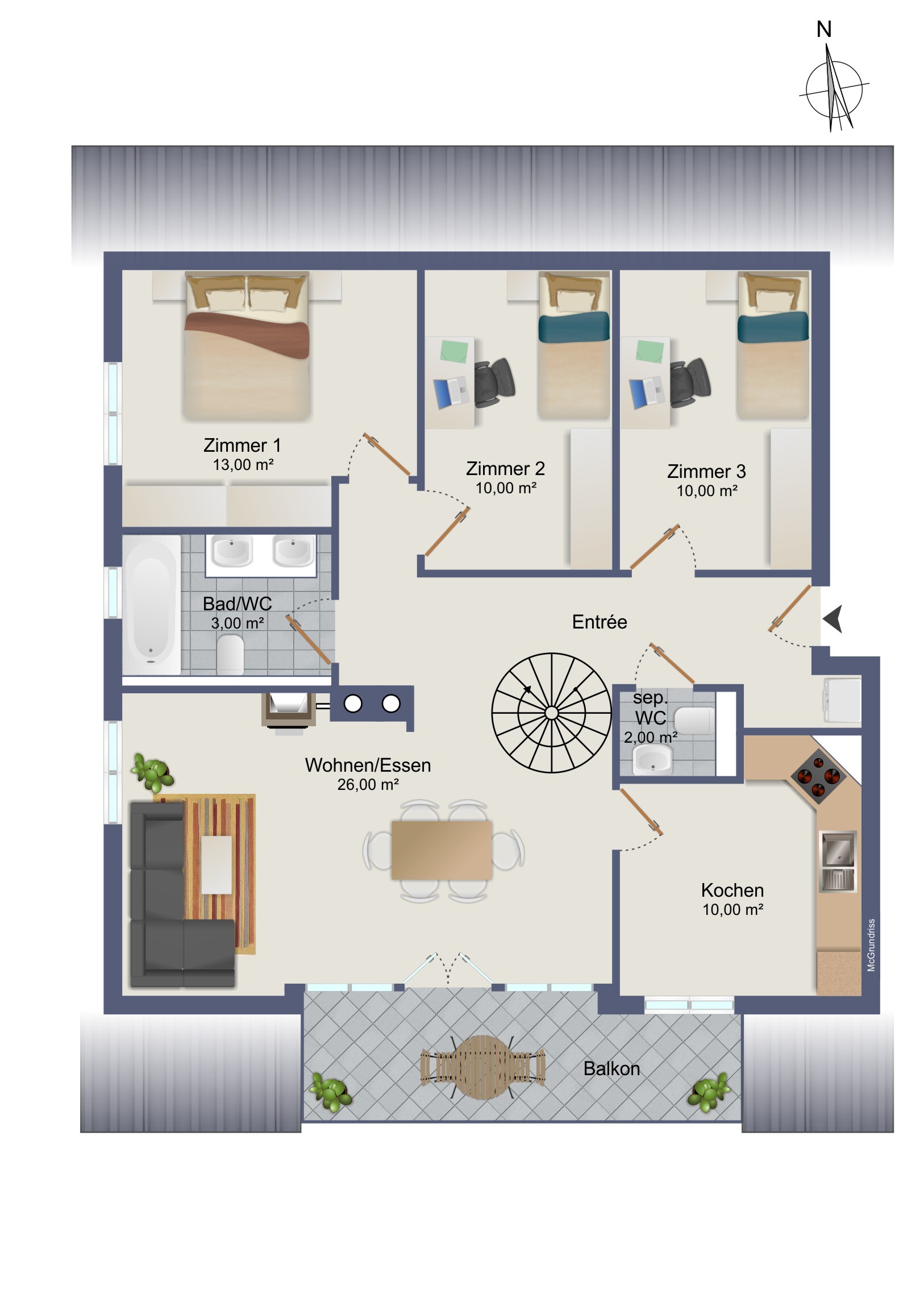 Grundriss mit Balkon, Wohn-/Essbereich, Küche, drei Zimmern und zwei Bädern/WCs