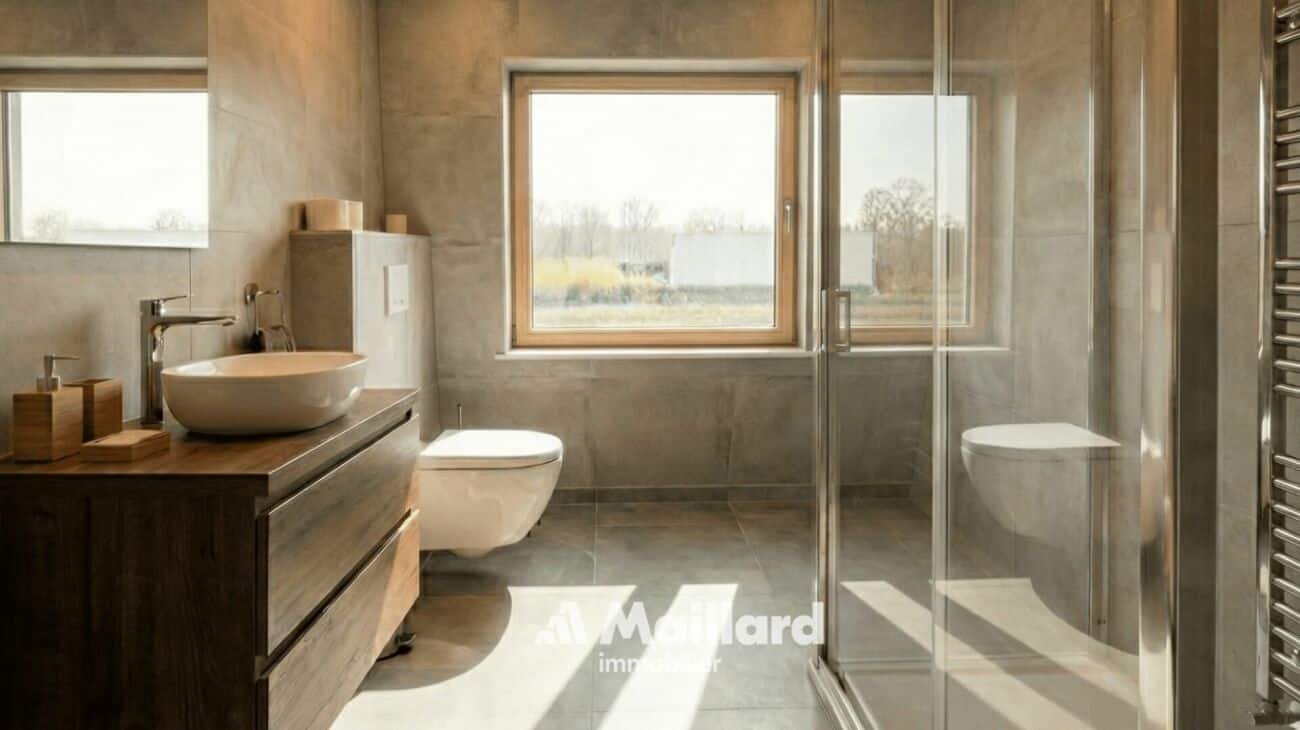 Modernes Badezimmer mit Dusche, Fenster und Waschtisch