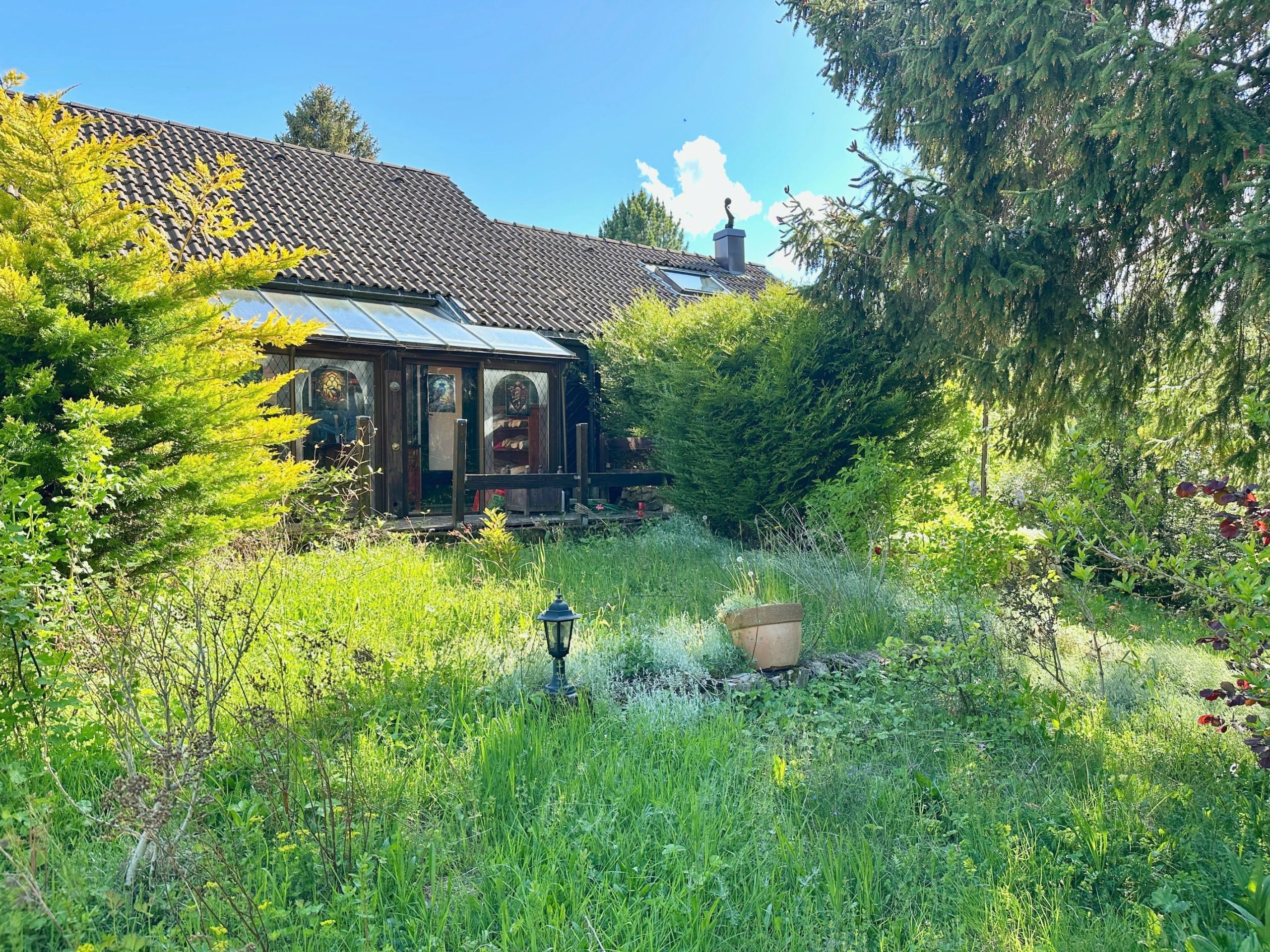 Verwilderter Garten mit Haus und Wintergarten