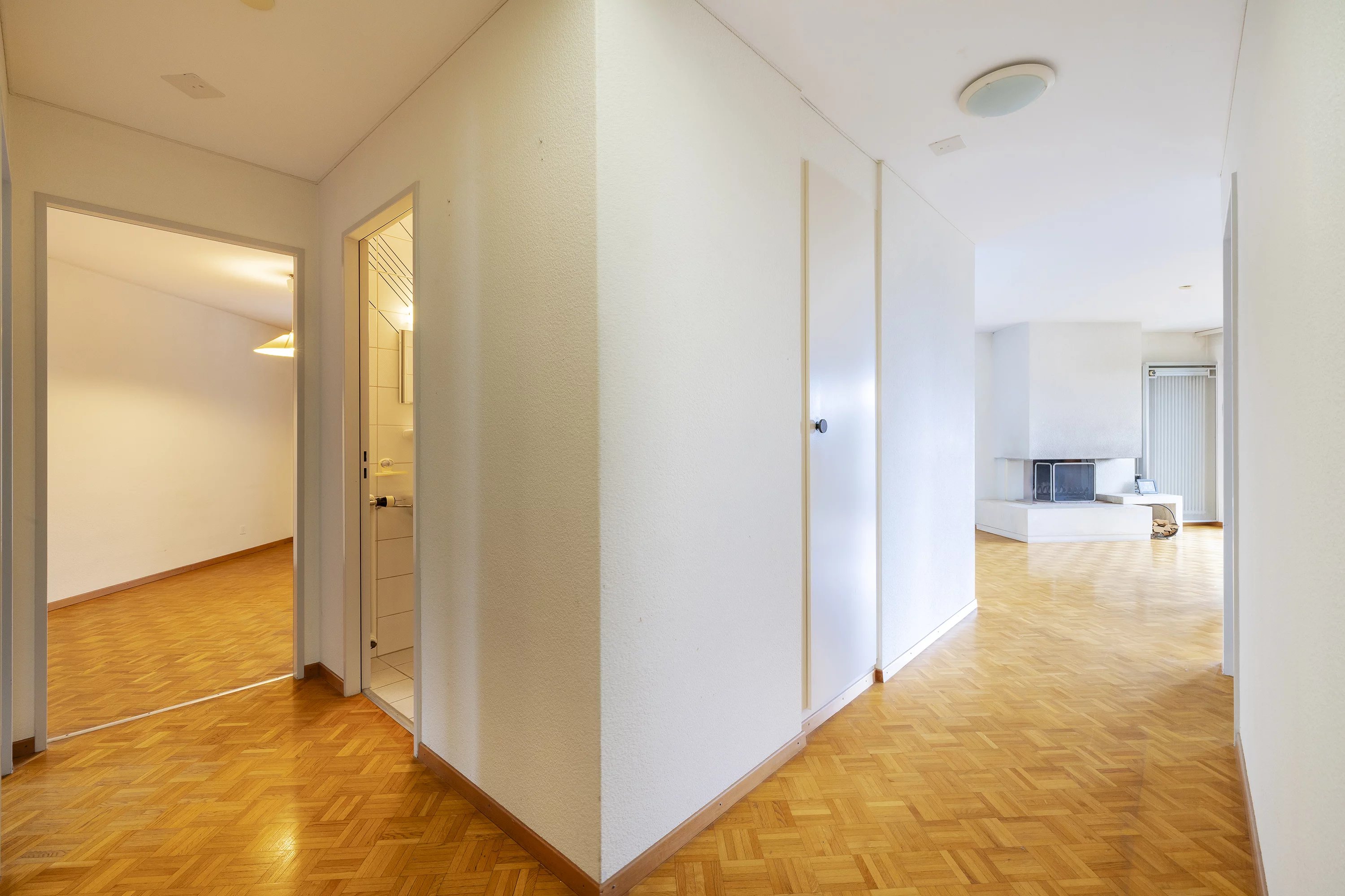 Heller Flur mit Kamineinblick