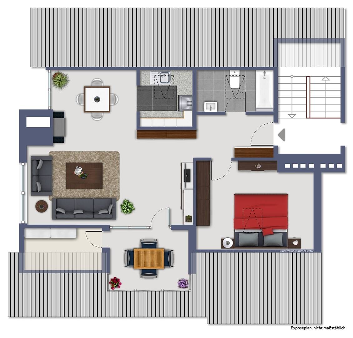 Grundriss einer Wohnung mit Terrasse und Balkon