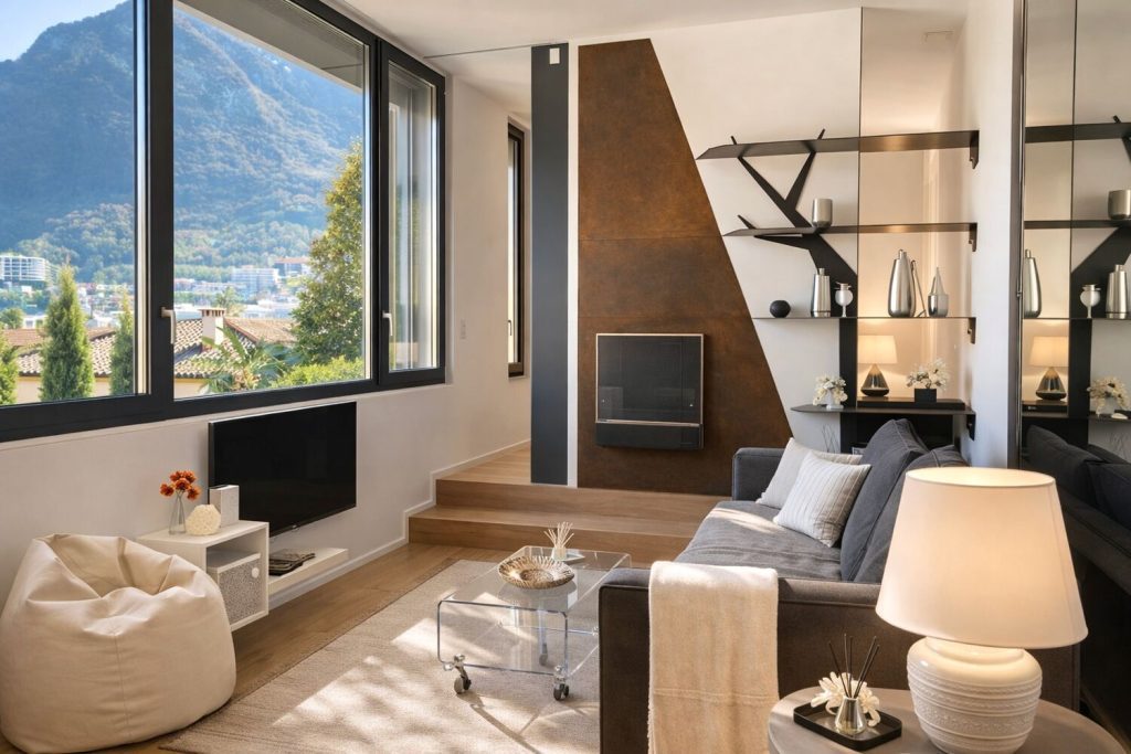 Modernes Wohnzimmer mit Bergblick