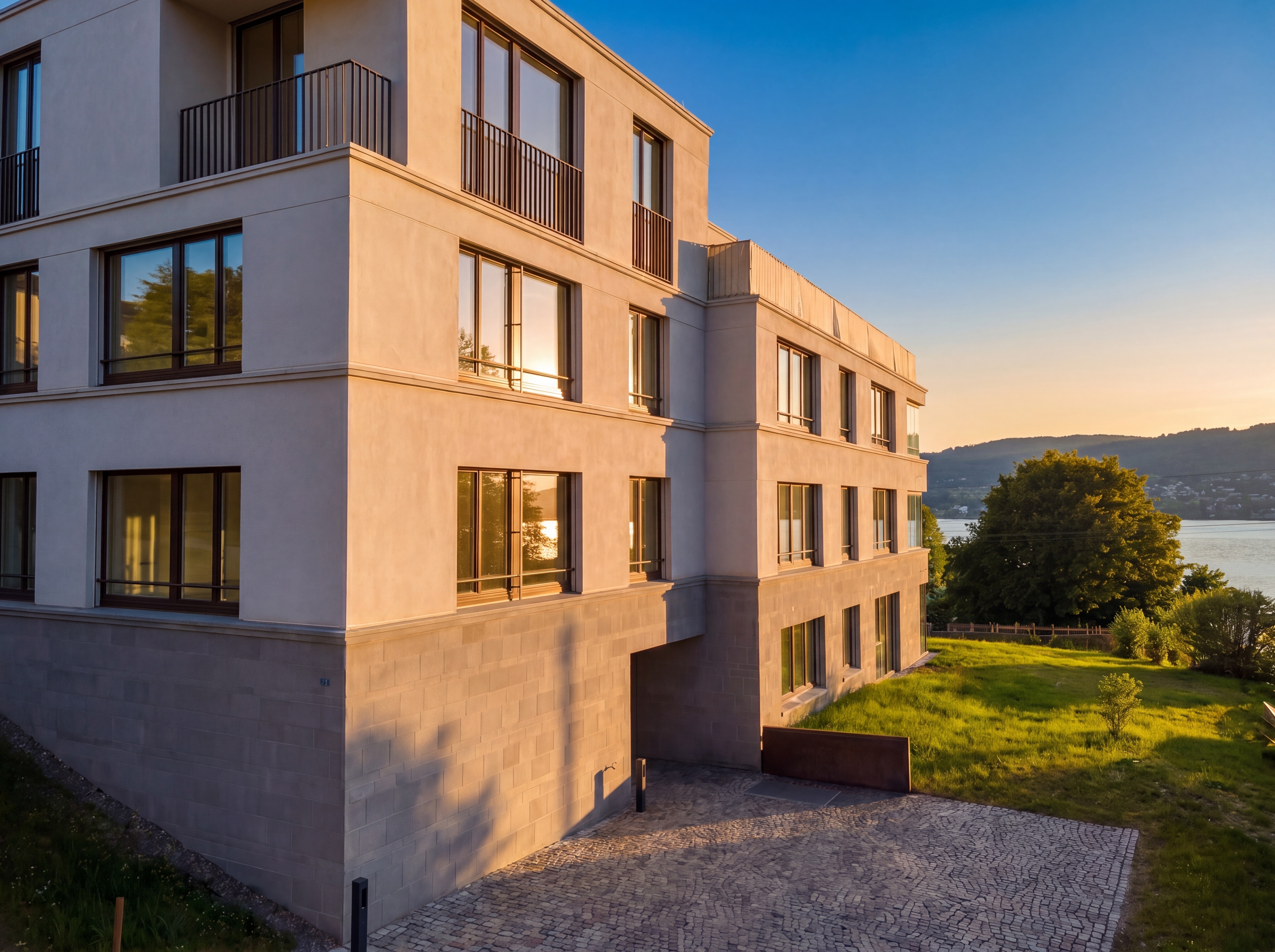 Modernes Mehrfamilienhaus am Wasser bei Sonnenuntergang