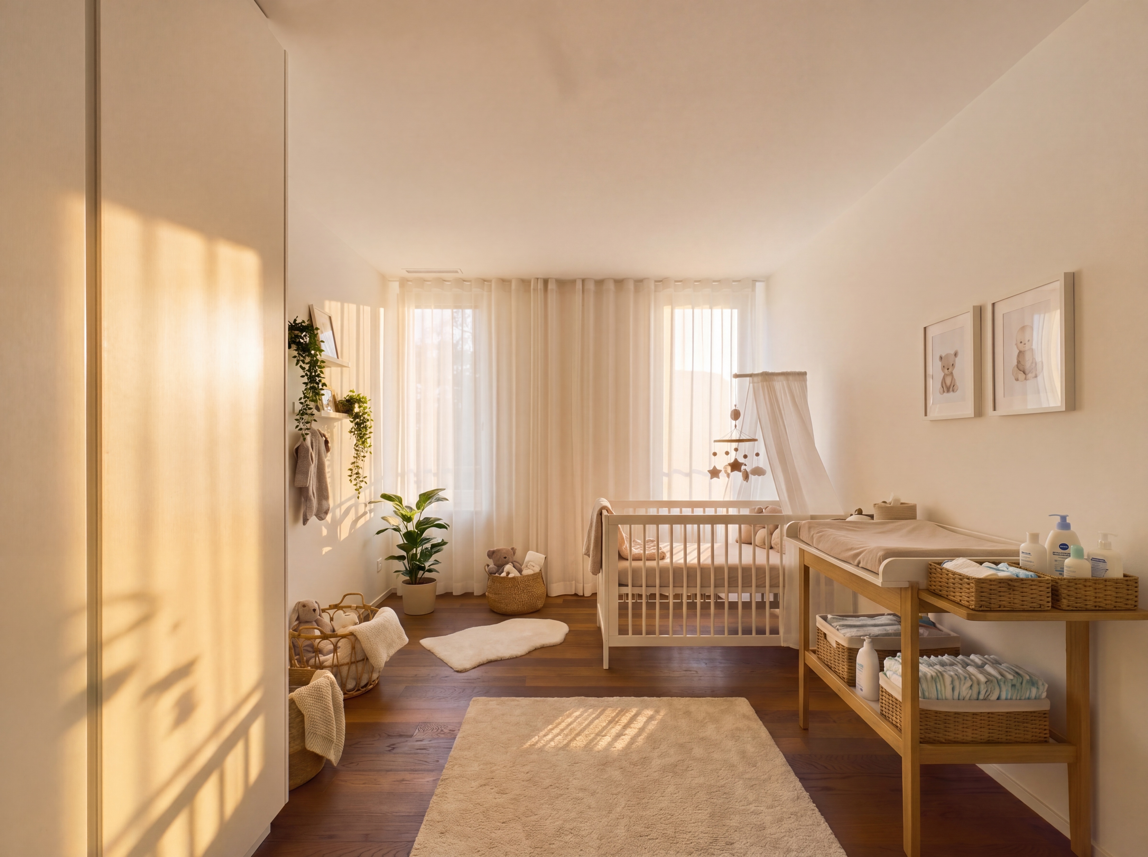 Helles, skandinavisch eingerichtetes Kinderzimmer mit Wickeltisch und Babybett