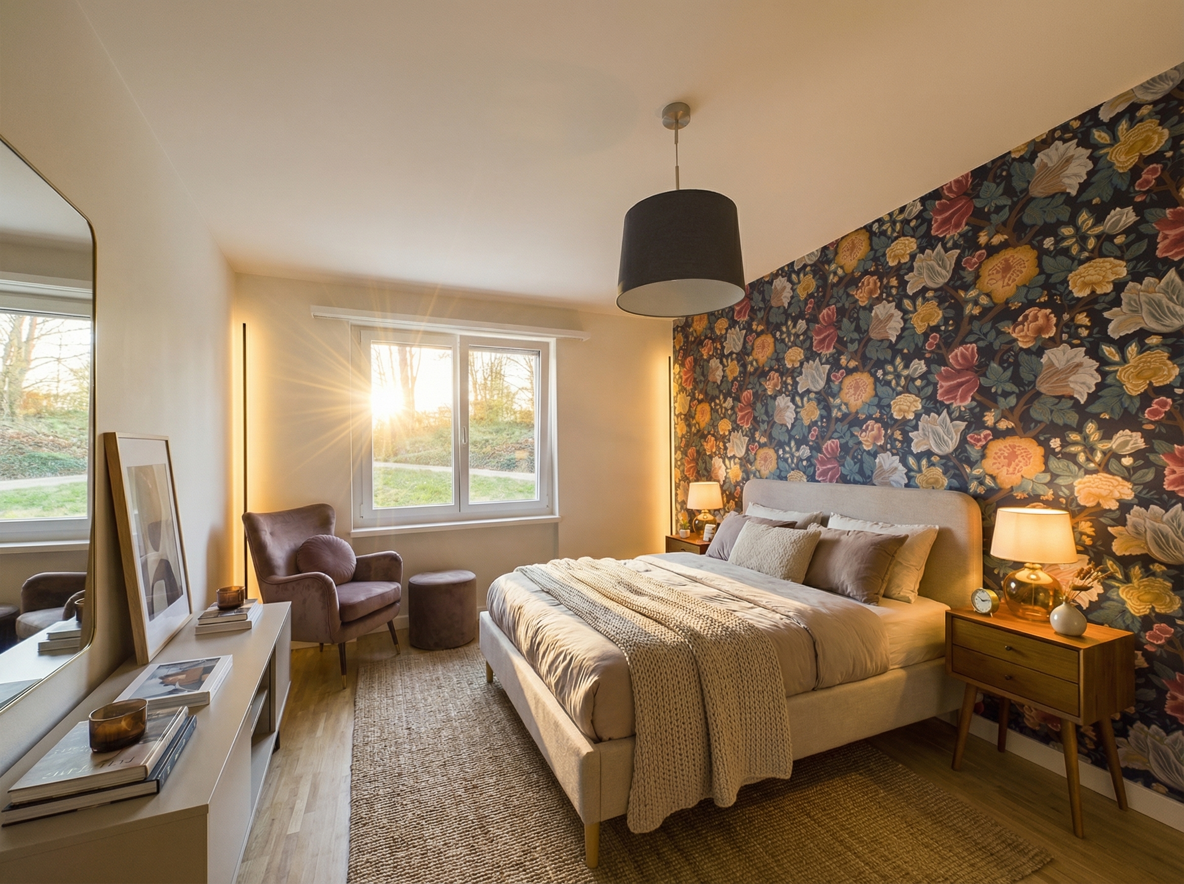 Gemütliches Schlafzimmer mit Blumenakzentwand