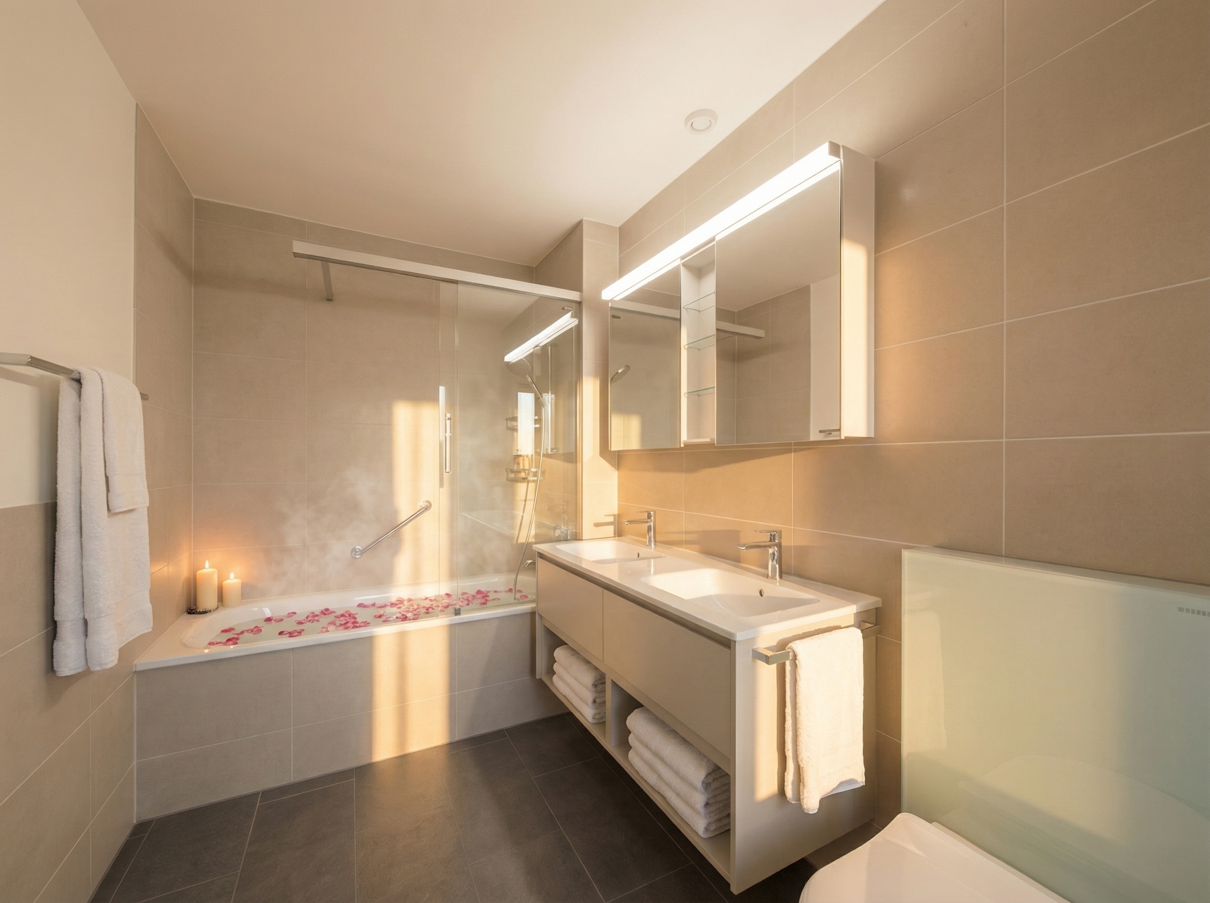 Modernes Bad mit Badewanne und Doppelwaschtisch