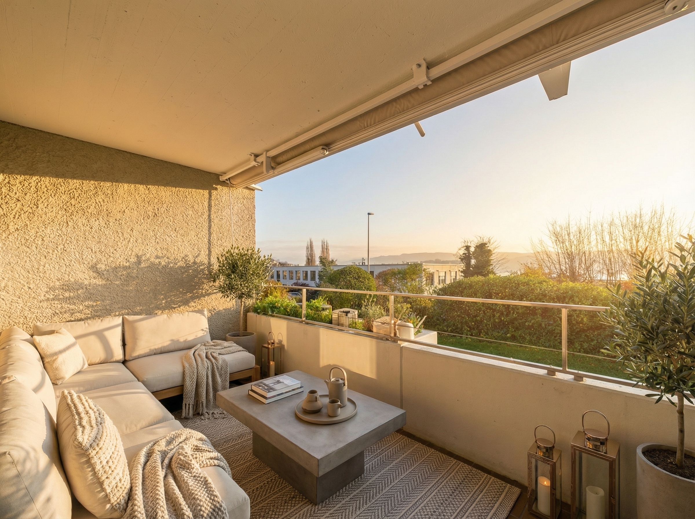 Sonnige Balkon-Lounge mit Blick ins Grüne
