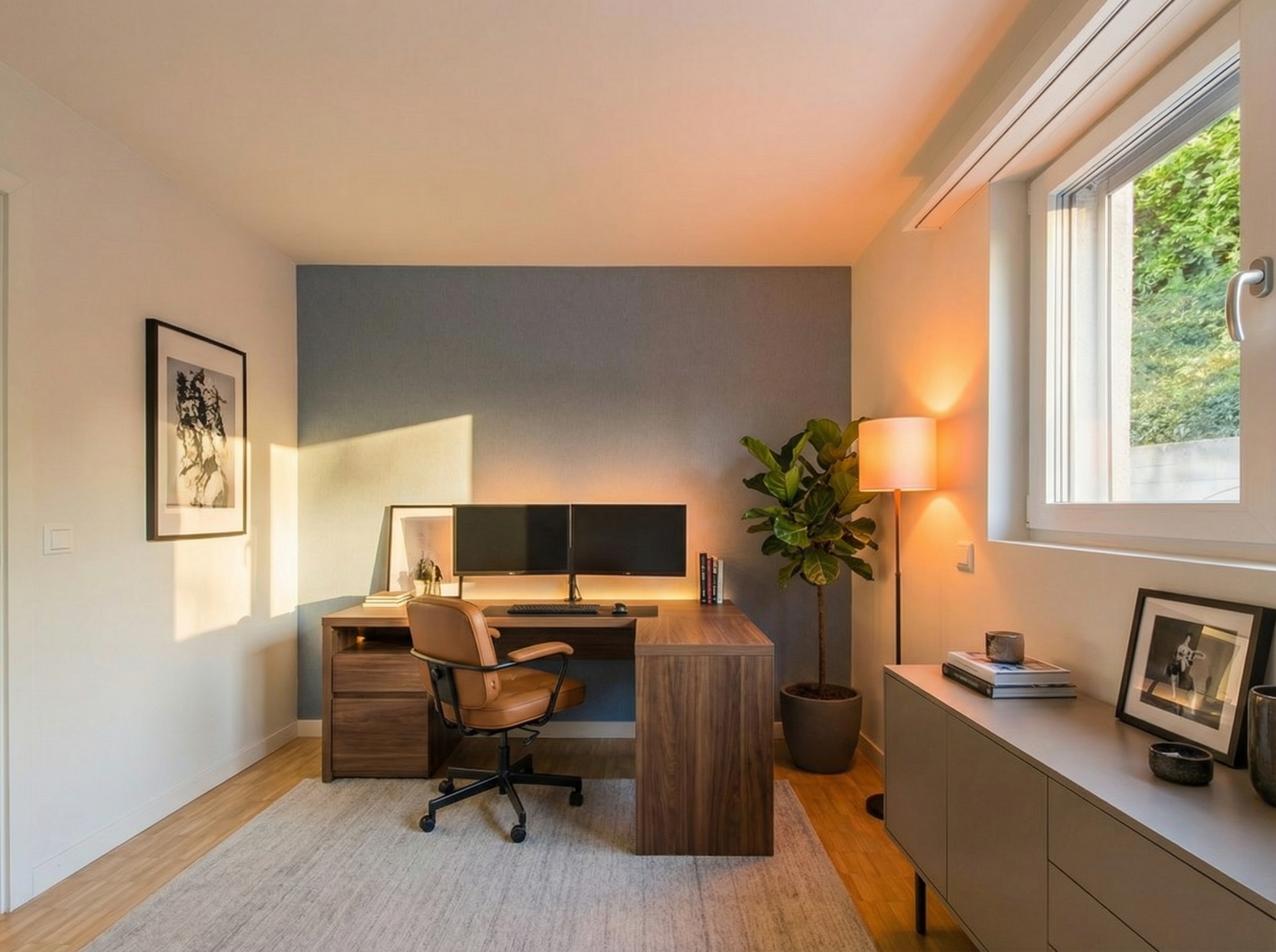 Modernes Arbeitszimmer mit warmem Tageslicht