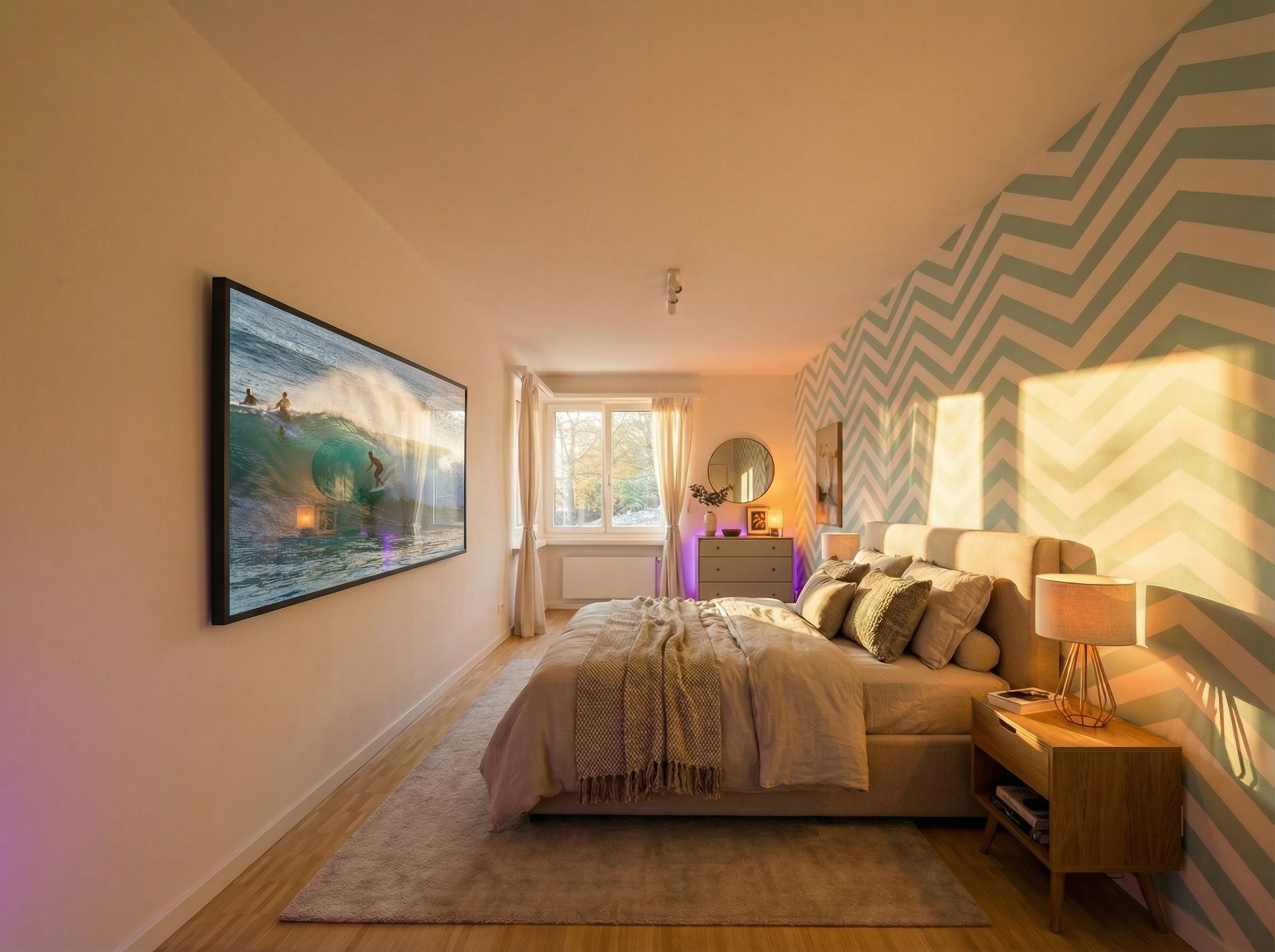 Helles Schlafzimmer mit Wandtattoo und Tageslicht