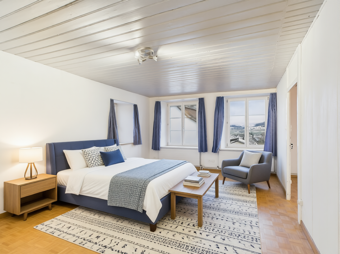 Helles Schlafzimmer mit blau-weißer Einrichtung