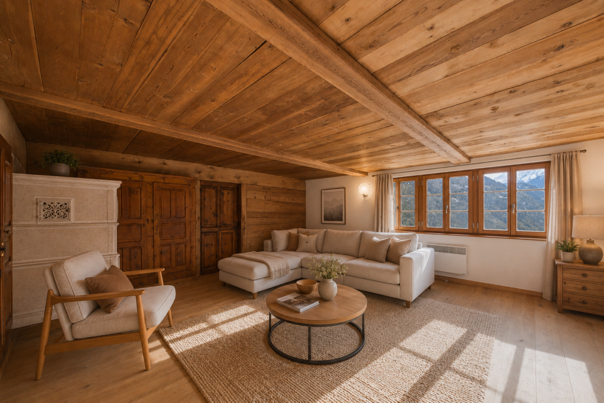 Gemütliches Chalet-Wohnzimmer mit Bergblick