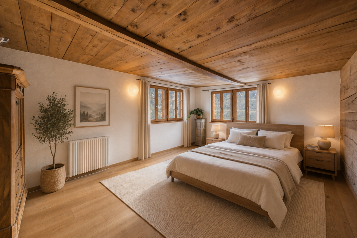 Gemütliches Schlafzimmer mit Holzbalkendecke