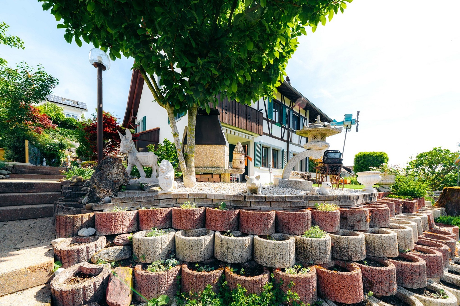 Gepflegter Gartenbereich vor einem Wohnhaus