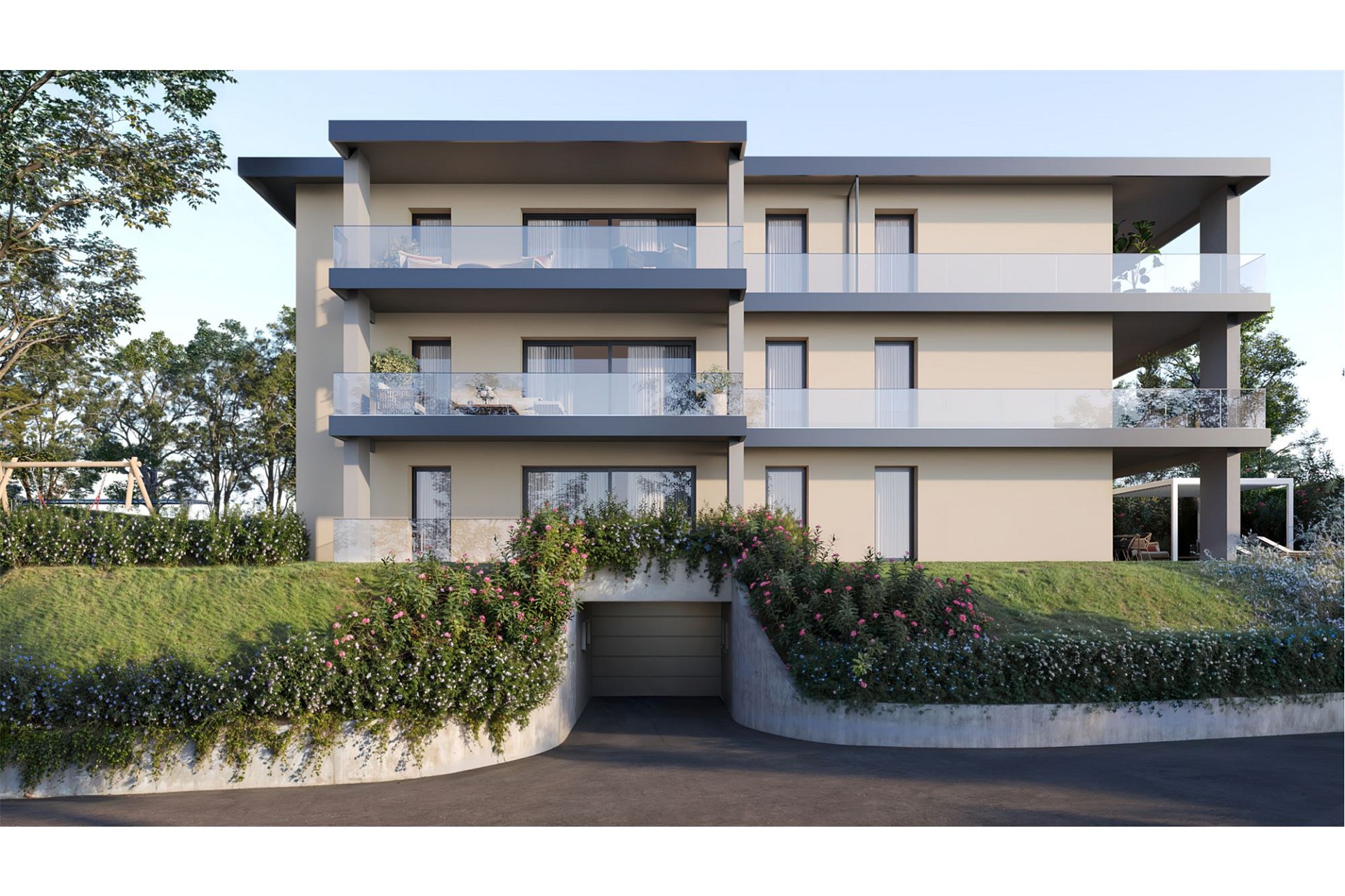Modernes Mehrfamilienhaus mit Terrassen und begrüntem Hang