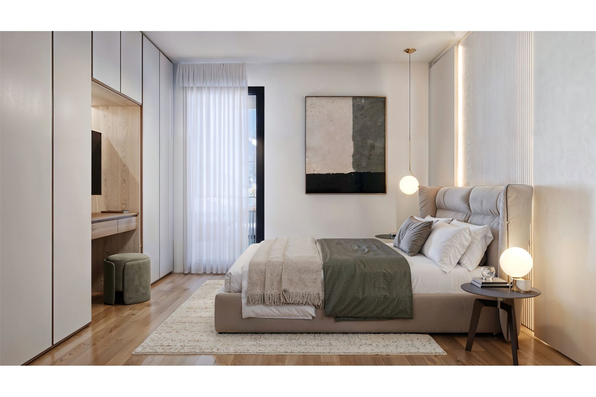 Modernes, minimalistisches Schlafzimmer mit Einbauten