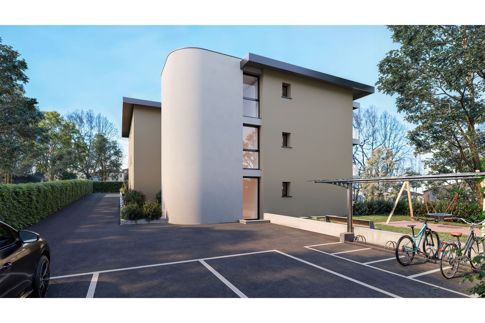Modernes Mehrfamilienhaus mit Parkplatz und Garten