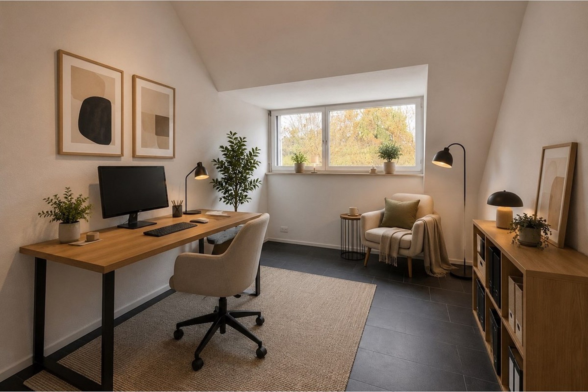 Helles Homeoffice mit Möbeln in Naturtönen