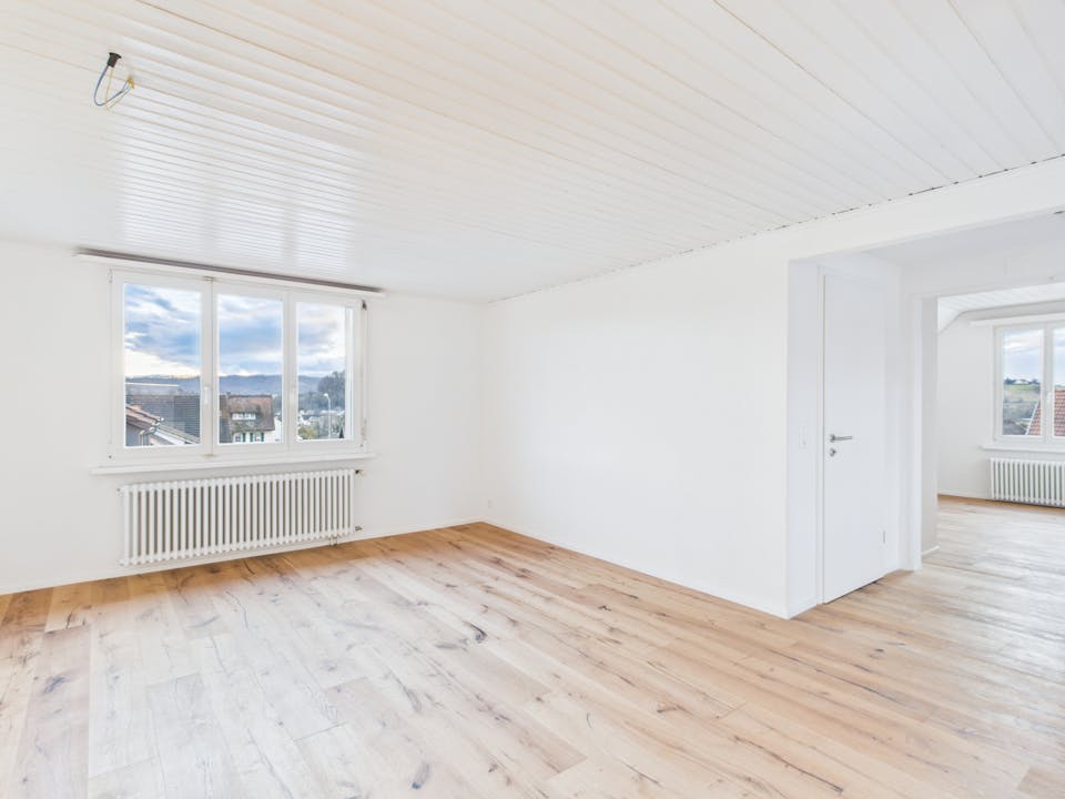 Heller leerer Wohnraum mit Blick nach draußen