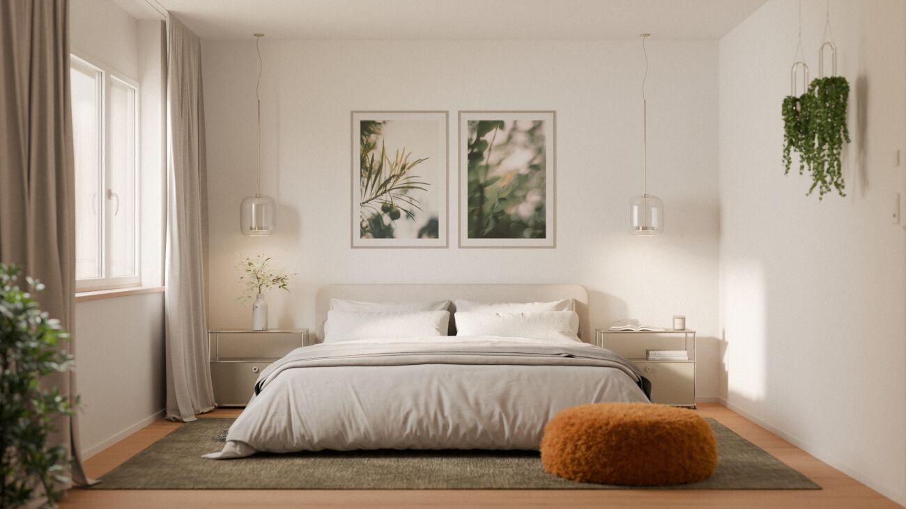 Helles, minimalistisch eingerichtetes Schlafzimmer mit Bett und Dekoration