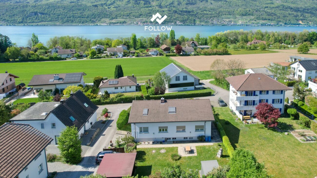 Luftaufnahme eines Wohngebiets am See