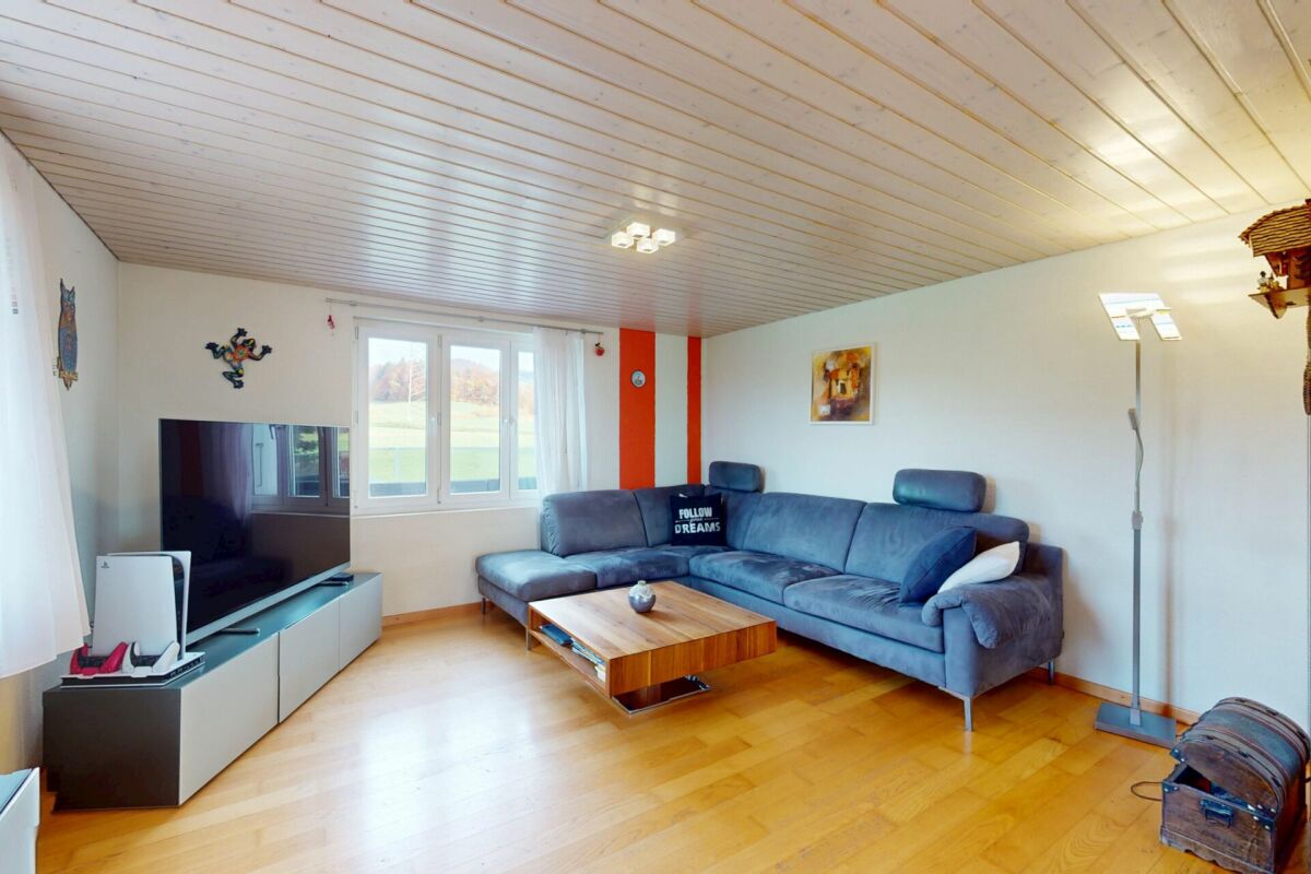 Wohnzimmer mit großem Sofa und TV