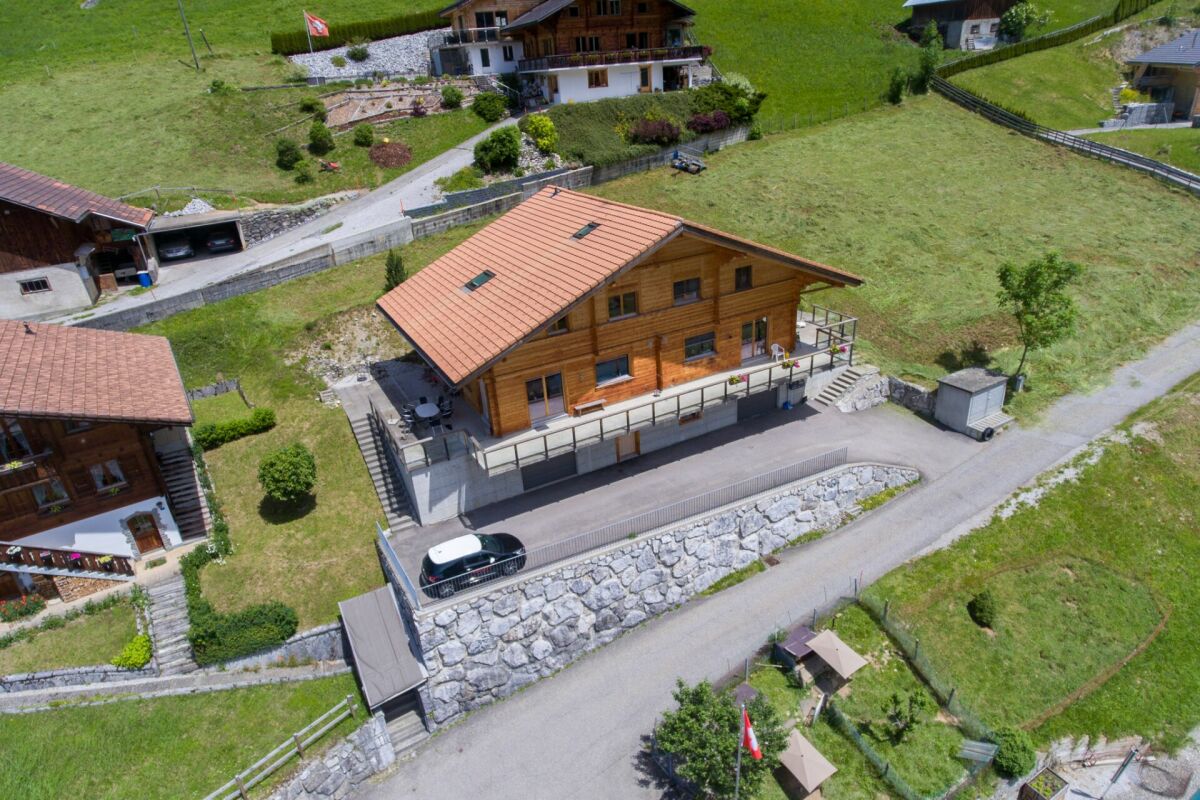 Luftaufnahme eines alpinen Holzhauses mit Terrasse