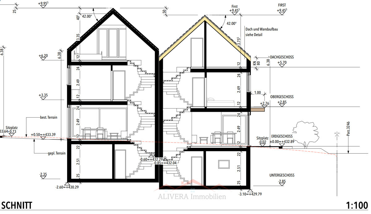 Schnittzeichnung eines mehrgeschossigen Hauses