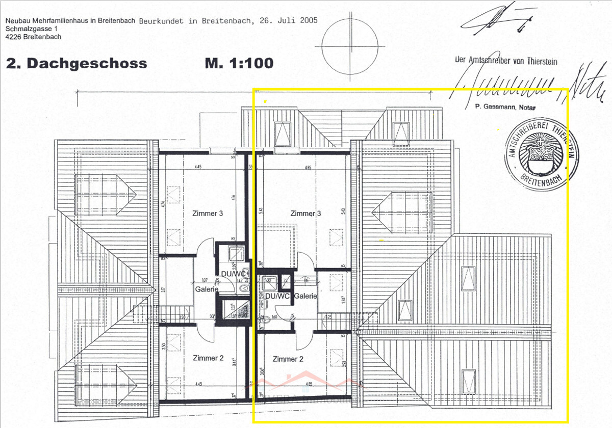 Dachgeschoss-Grundriss mit markiertem Bereich