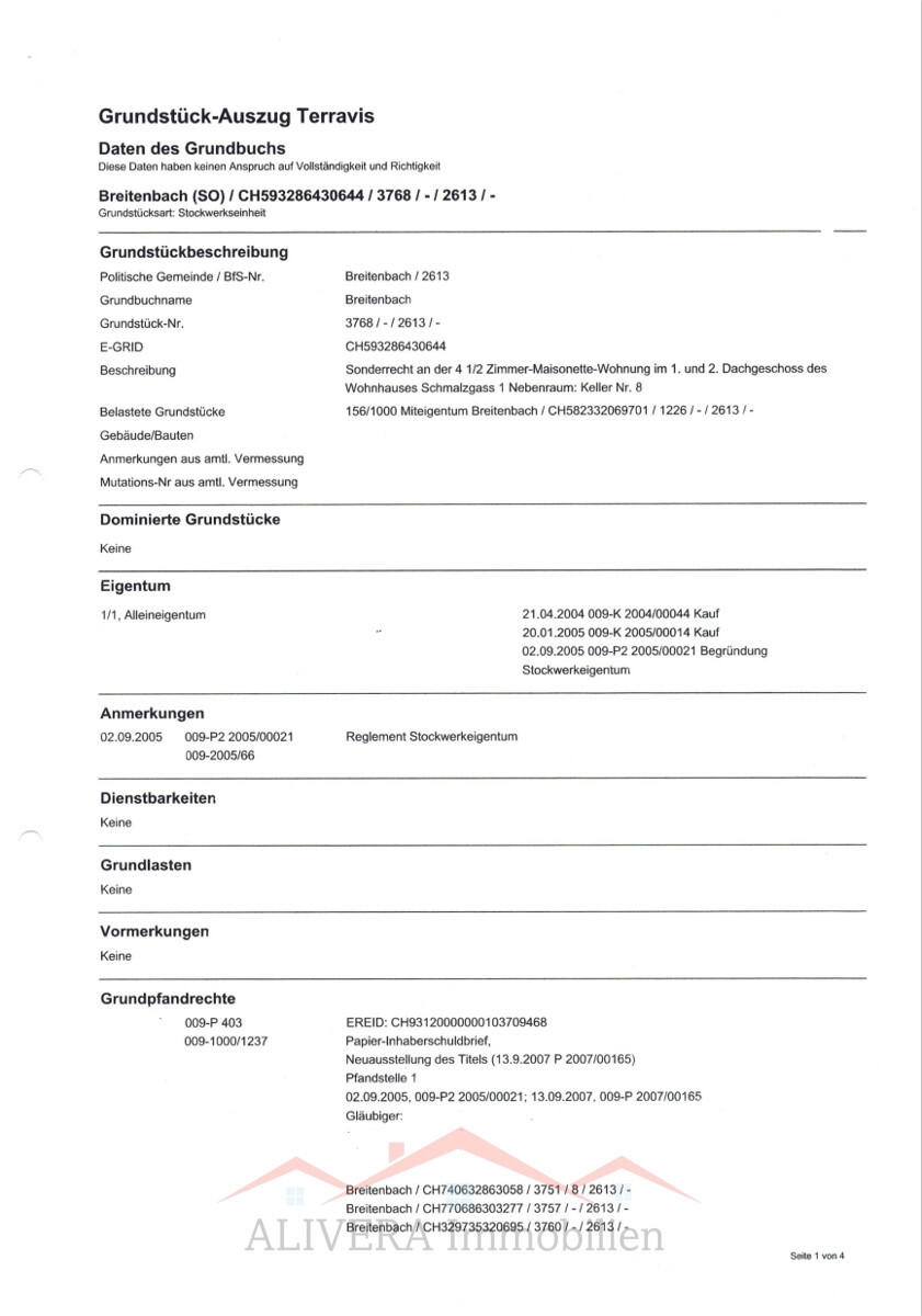 Grundstücks-Auszug mit Textseite