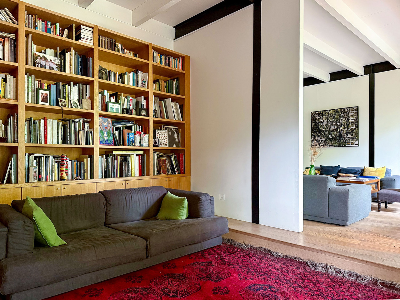 Wohnzimmer mit Bibliothekswand