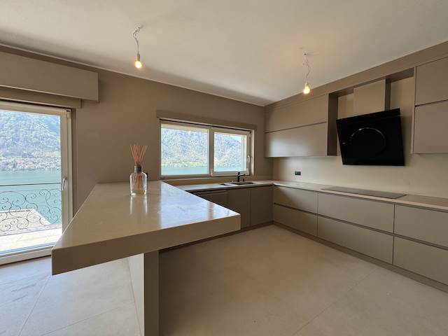 Moderne Küche mit Halbinsel und Seeblick