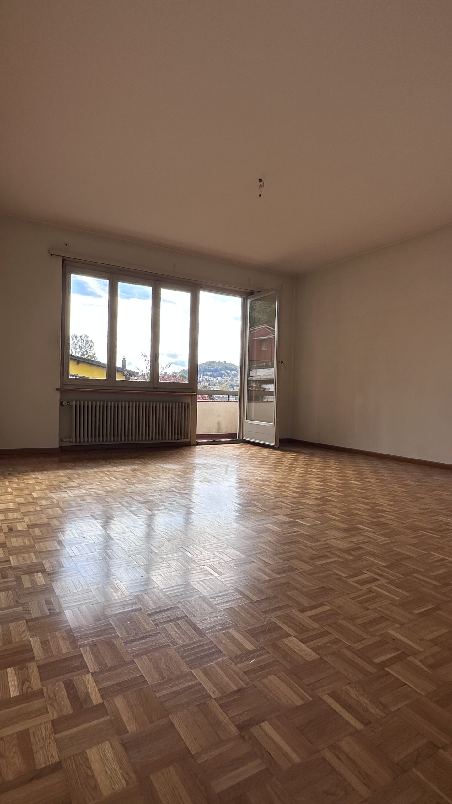 Leerer Wohnraum mit Balkon und Blick ins Grüne