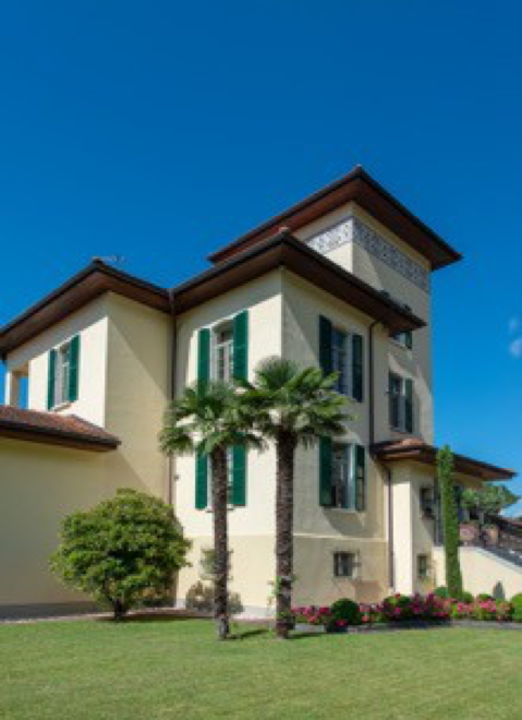 Mediterranes Mehrfamilien- oder Villa-Äußeres mit Palmen